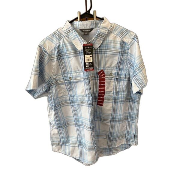 Eddie Bauer Adventure Shirt Women XL Short Sleeve Blue White Plaid New Pockets - Picture 2 of 9